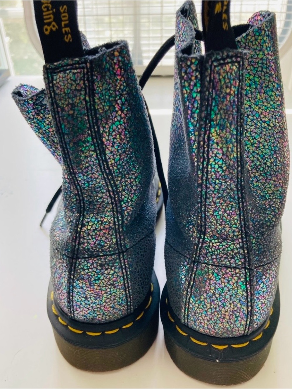 SPARKLE Dr. Martens Iridescent Holographic Lace-Up Black Boots/Yellow Stitching - Picture 3 of 4